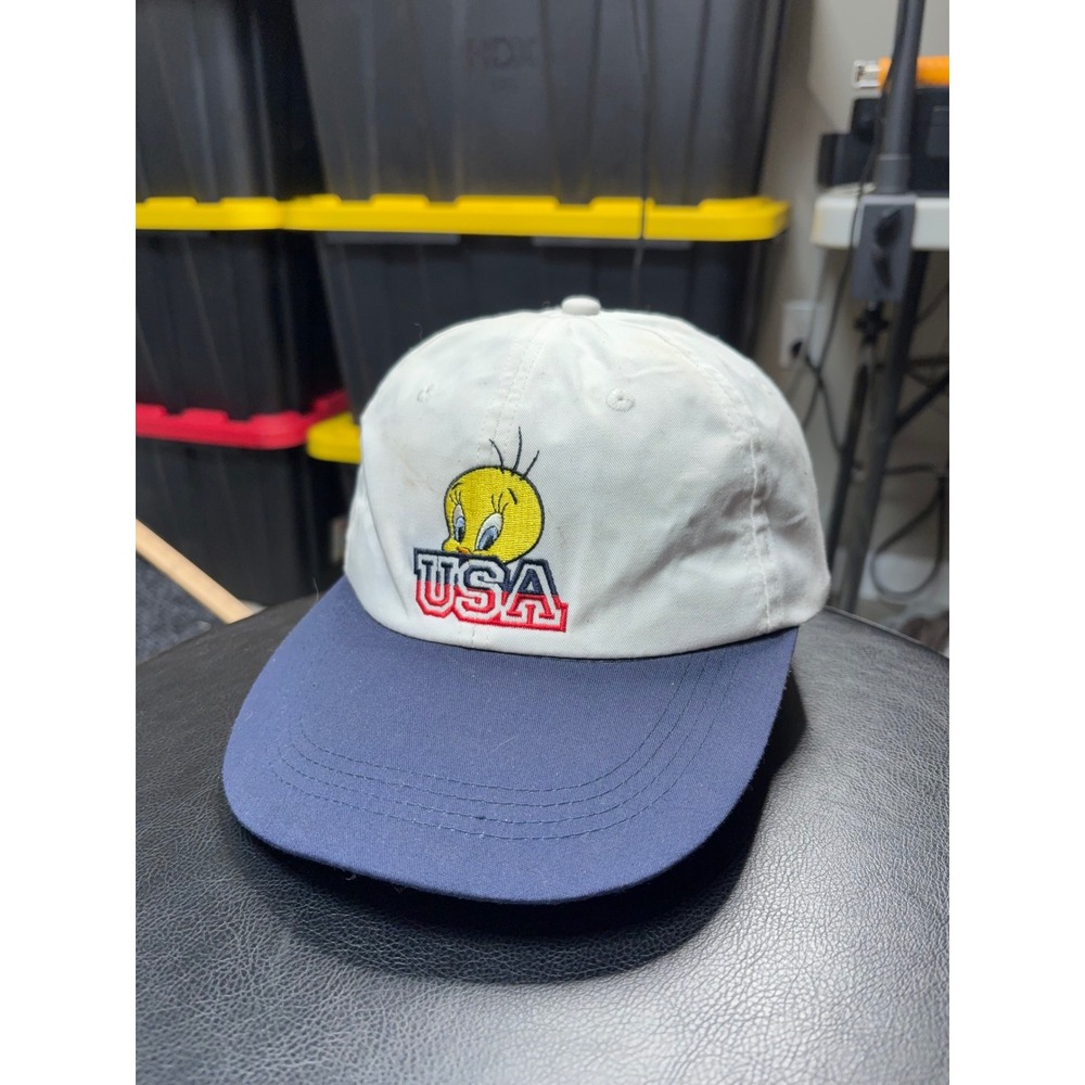 Vintage 1995 Looney Tunes Tweety Bird USA Hat White Navy Blue Elastic Back Cap